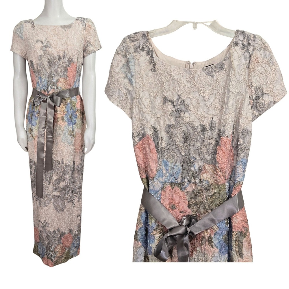 Adrianna Papell Maxi Column Gown 8 Pastel Floral Metallic Matelasse Formal MOTB